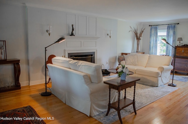 living room with ornamental molding and light hardwood / wood-style flooring