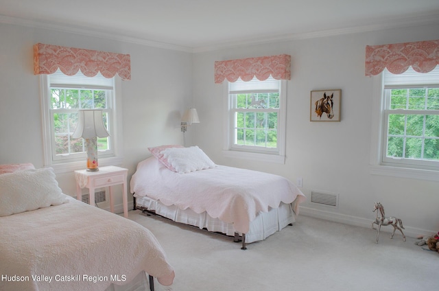 bedroom with carpet and crown molding