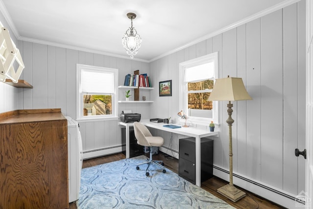 30 Clinton Hollow Rd, Pleasant Valley, NY 12578 - office area featuring a baseboard radiator, wood finished floors, ornamental molding, healthy amount of natural light, and a decorative wall