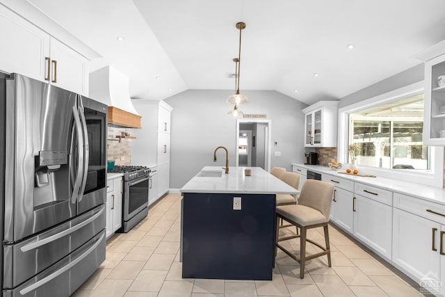30 Clinton Hollow Rd, Pleasant Valley, NY 12578 - kitchen with stainless steel appliances, a sink, backsplash, light tile patterned floors, and vaulted ceiling