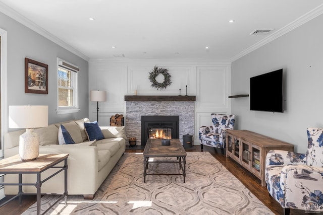 30 Clinton Hollow Rd, Pleasant Valley, NY 12578 - living area with wood finished floors, ornamental molding, a fireplace, and recessed lighting