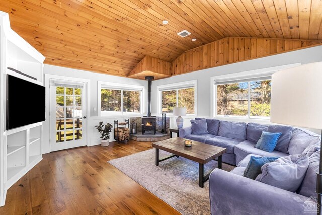 30 Clinton Hollow Rd, Pleasant Valley, NY 12578 - living room featuring lofted ceiling, plenty of natural light, a wood stove, wood ceiling, and wood-type flooring