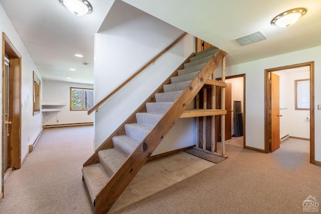 213 Botti Dr, Hunter, NY 12442 - staircase featuring carpet flooring, a baseboard radiator, and recessed lighting