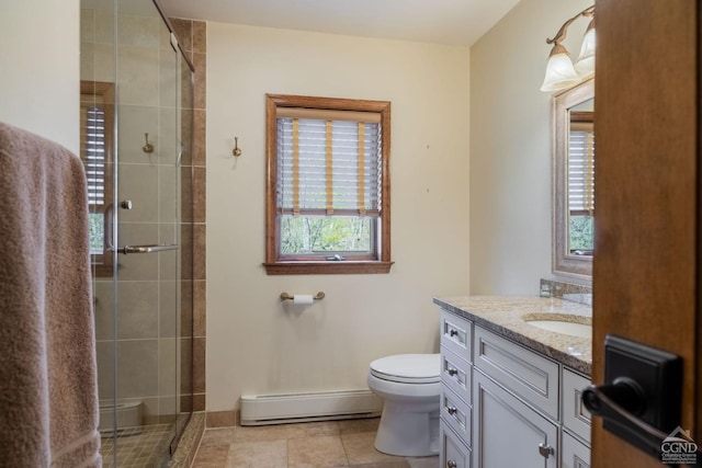213 Botti Dr, Hunter, NY 12442 - bathroom with a baseboard radiator, vanity, and a tile shower