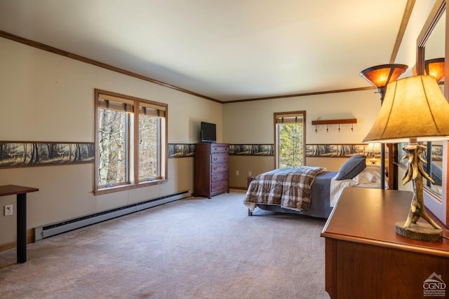 213 Botti Dr, Hunter, NY 12442 - bedroom featuring a baseboard heating unit, carpet floors, and crown molding