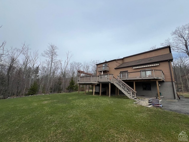 213 Botti Dr, Hunter, NY 12442 - rear view of house featuring a wooden deck, stairs, and a yard