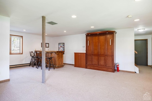 213 Botti Dr, Hunter, NY 12442 - below grade area with a dry bar, light carpet, recessed lighting, and a baseboard radiator