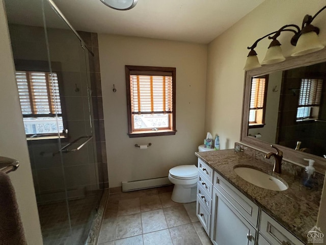 213 Botti Dr, Hunter, NY 12442 - bathroom with a baseboard radiator, healthy amount of natural light, vanity, and a stall shower