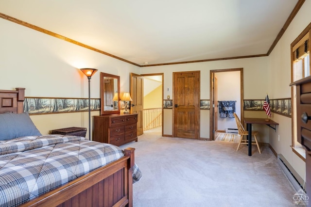 213 Botti Dr, Hunter, NY 12442 - bedroom with light colored carpet, ornamental molding, and baseboard heating
