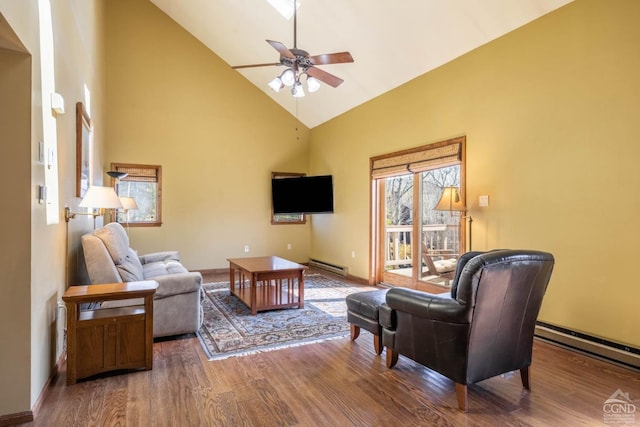 213 Botti Dr, Hunter, NY 12442 - living room with high vaulted ceiling, a baseboard radiator, ceiling fan, and wood finished floors