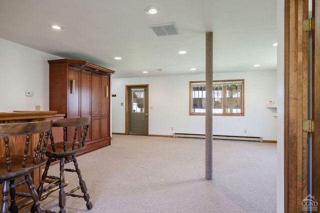 213 Botti Dr, Hunter, NY 12442 - dining room featuring a baseboard radiator, light colored carpet, recessed lighting, and a dry bar