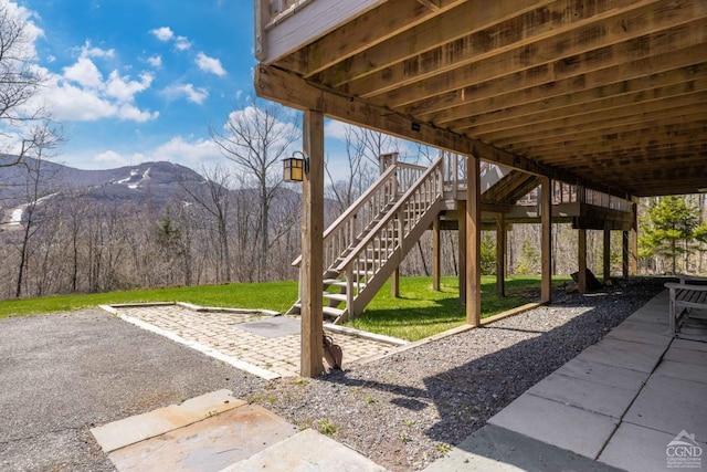 213 Botti Dr, Hunter, NY 12442 - view of patio with a mountain view and stairs