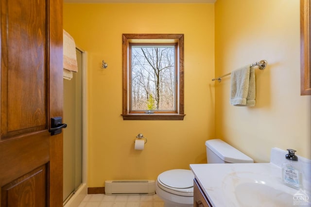 213 Botti Dr, Hunter, NY 12442 - full bath featuring a baseboard heating unit, a shower stall, and vanity