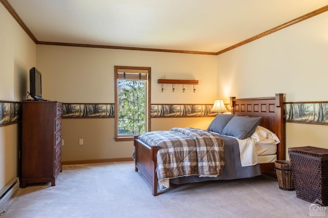 213 Botti Dr, Hunter, NY 12442 - bedroom featuring light carpet, a baseboard radiator, and crown molding