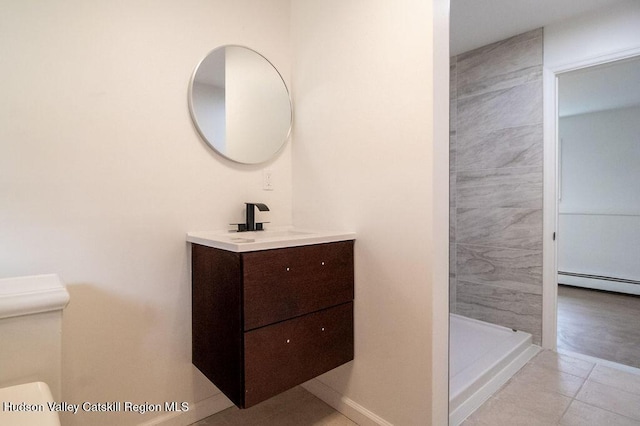 11 Old Farm Rd, Napanoch, NY 12458 - full bathroom with toilet, a baseboard radiator, vanity, tile patterned floors, and a stall shower