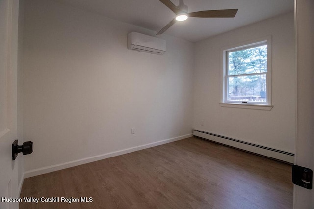 11 Old Farm Rd, Napanoch, NY 12458 - unfurnished room with baseboards, a baseboard radiator, ceiling fan, wood finished floors, and a wall unit AC