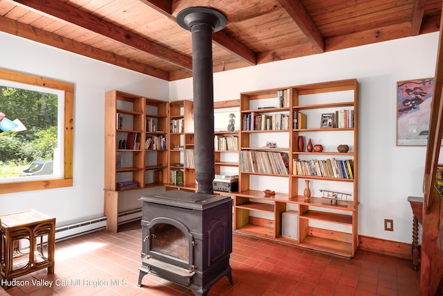159 Pine Ln, Saugerties, NY 12477 - office space featuring a wood stove, a wooden ceiling with exposed beams, and dark tile patterned flooring