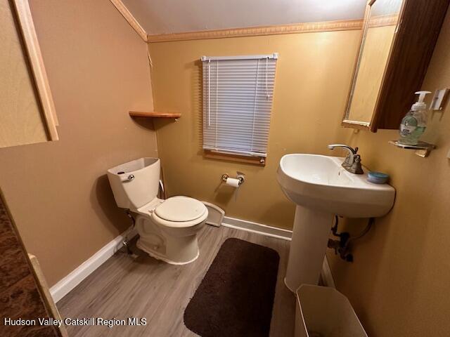 bathroom with crown molding, hardwood / wood-style floors, and toilet