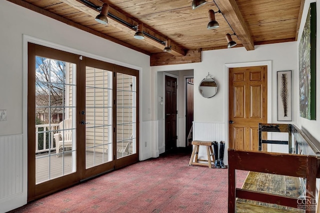 311 County Route 13, Old Chatham, NY 12136 - sunroom featuring french doors, rail lighting, and beamed ceiling