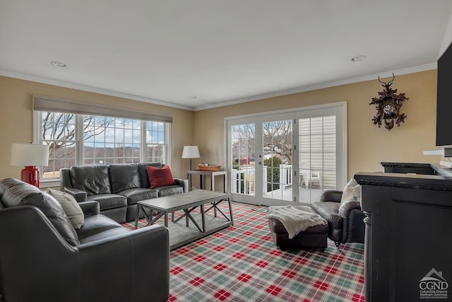 311 County Route 13, Old Chatham, NY 12136 - living room with ornamental molding, french doors, and carpet