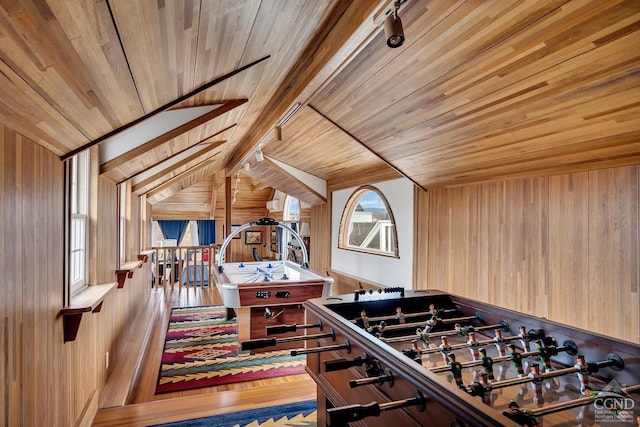 311 County Route 13, Old Chatham, NY 12136 - playroom with wooden walls, wood ceiling, wood finished floors, and vaulted ceiling