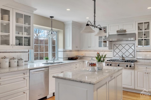 311 County Route 13, Old Chatham, NY 12136 - kitchen with stainless steel appliances, a sink, tasteful backsplash, white cabinets, and recessed lighting