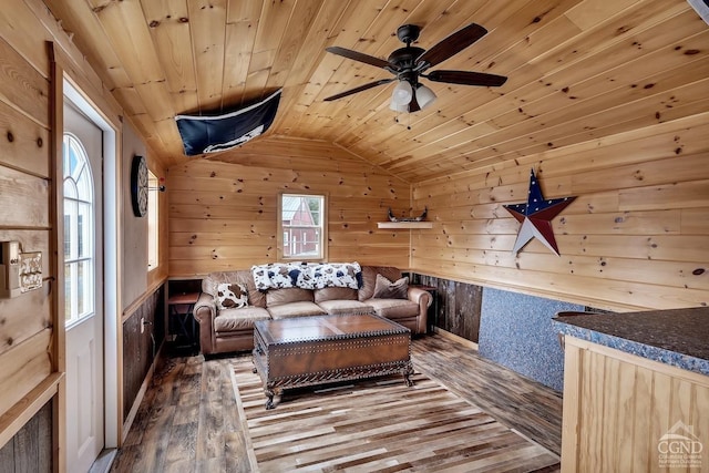 311 County Route 13, Old Chatham, NY 12136 - living room with wood ceiling, wooden walls, lofted ceiling, hardwood / wood-style floors, and ceiling fan