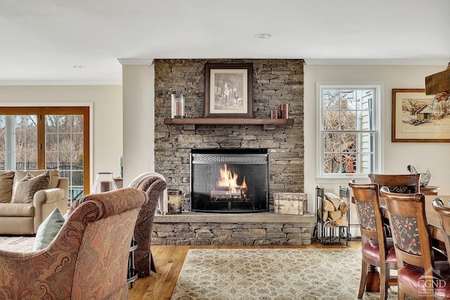 311 County Route 13, Old Chatham, NY 12136 - living area featuring crown molding, a fireplace, and wood finished floors