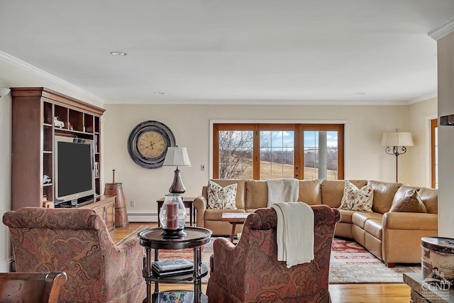 311 County Route 13, Old Chatham, NY 12136 - living area featuring light wood finished floors, crown molding, a baseboard radiator, and recessed lighting
