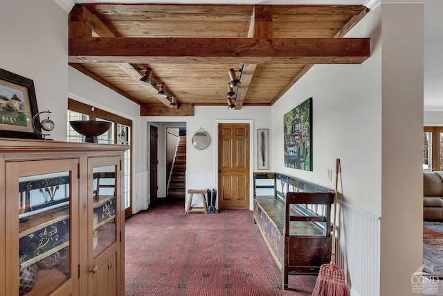 311 County Route 13, Old Chatham, NY 12136 - hallway with wood ceiling, carpet flooring, beam ceiling, wainscoting, and healthy amount of natural light