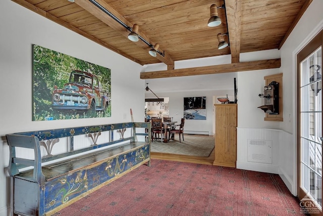 311 County Route 13, Old Chatham, NY 12136 - living area with wooden ceiling, carpet flooring, beam ceiling, heating unit, and rail lighting