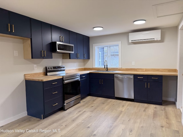 kitchen with blue cabinetry, sink, stainless steel appliances, butcher block countertops, and light wood-type flooring