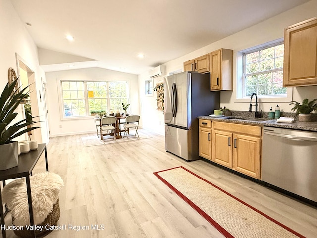 kitchen with sink, a healthy amount of sunlight, lofted ceiling, and appliances with stainless steel finishes