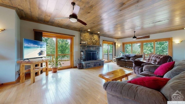 33 Elm Ridge Rd, Windham, NY 12496 - living room featuring crown molding, wood ceiling, a stone fireplace, ceiling fan, and light wood-style flooring