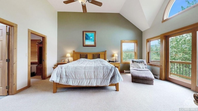 33 Elm Ridge Rd, Windham, NY 12496 - carpeted bedroom featuring high vaulted ceiling, access to outside, baseboard heating, and a ceiling fan