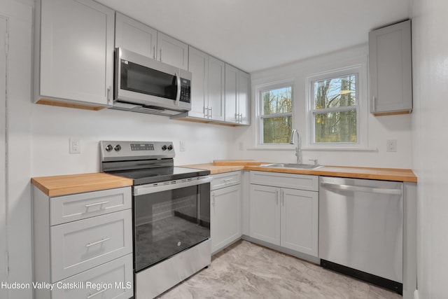 20-22 Milton Ave, Highland, NY 12528 - kitchen with stainless steel appliances, a sink, butcher block countertops, and gray cabinets