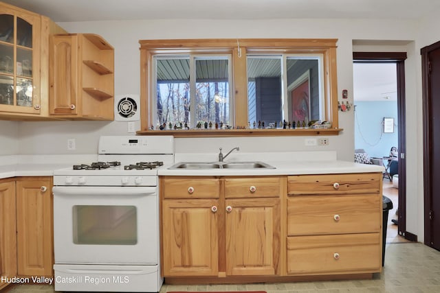 20-22 Milton Ave, Highland, NY 12528 - kitchen featuring white gas range, a sink, light countertops, and glass insert cabinets