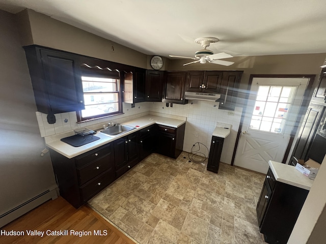 kitchen with sink, ceiling fan, decorative backsplash, a baseboard radiator, and dark brown cabinetry