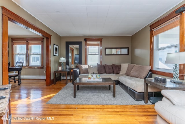 living room with baseboards, baseboard heating, and wood finished floors