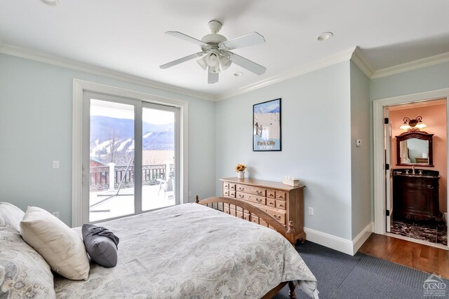 88 Gaby Ln, Hunter, NY 12442 - bedroom with access to exterior, baseboards, ornamental molding, ceiling fan, and dark colored carpet