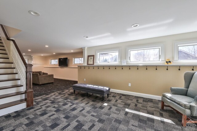 88 Gaby Ln, Hunter, NY 12442 - sitting room featuring dark carpet, recessed lighting, stairs, and baseboards