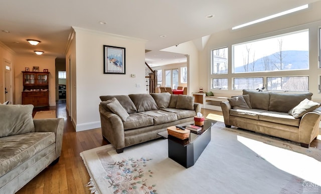 88 Gaby Ln, Hunter, NY 12442 - living area featuring ornamental molding, wood finished floors, a mountain view, baseboards, and recessed lighting