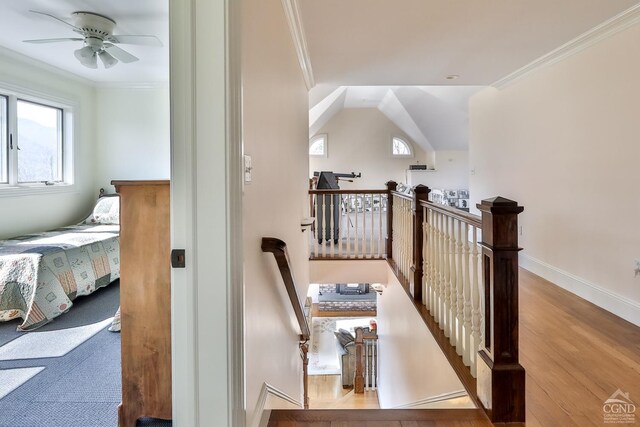 88 Gaby Ln, Hunter, NY 12442 - hall featuring an upstairs landing, ornamental molding, wood finished floors, and baseboards
