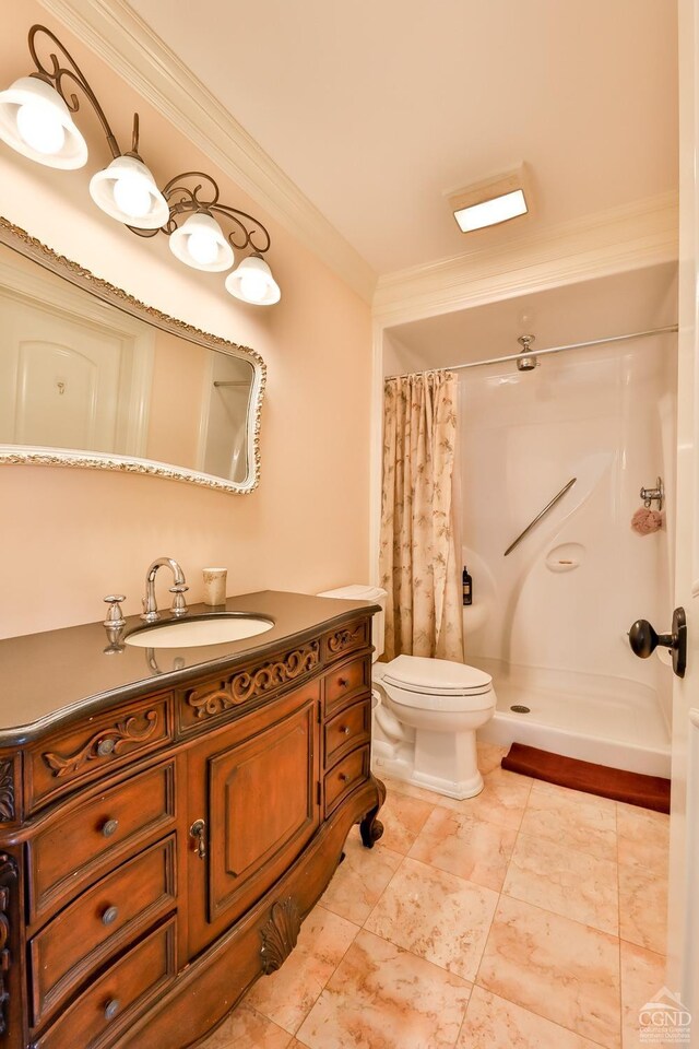 88 Gaby Ln, Hunter, NY 12442 - bathroom with toilet, crown molding, a shower with curtain, and vanity