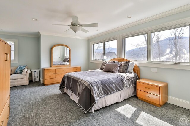 88 Gaby Ln, Hunter, NY 12442 - bedroom featuring dark carpet, multiple windows, crown molding, ceiling fan, and baseboards