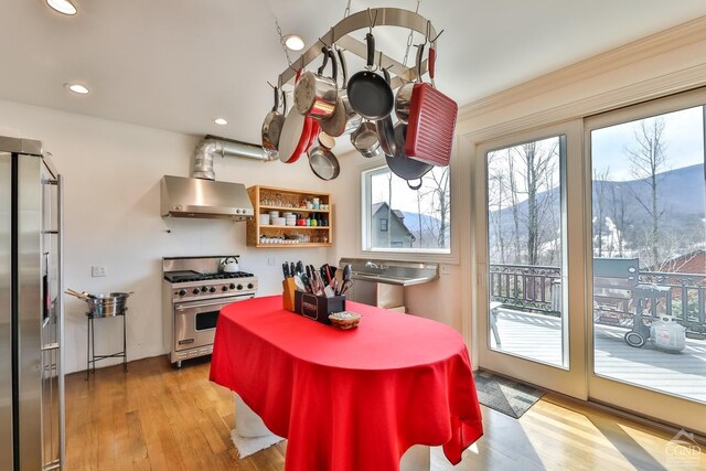 88 Gaby Ln, Hunter, NY 12442 - kitchen with premium appliances, exhaust hood, light wood-style flooring, a mountain view, and recessed lighting