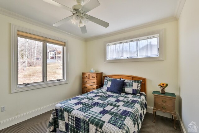 88 Gaby Ln, Hunter, NY 12442 - bedroom with carpet floors, baseboards, ornamental molding, and ceiling fan