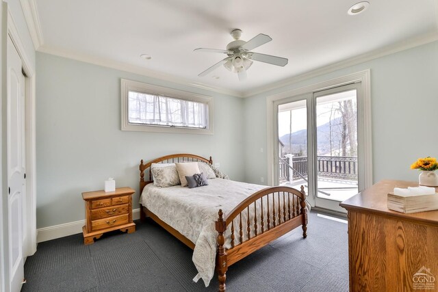 88 Gaby Ln, Hunter, NY 12442 - bedroom with access to outside, dark carpet, ornamental molding, baseboards, and a mountain view