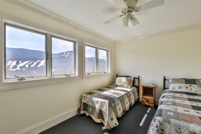 88 Gaby Ln, Hunter, NY 12442 - bedroom with baseboards, dark colored carpet, ornamental molding, and a ceiling fan