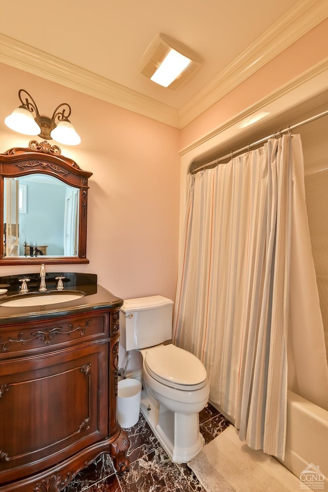 88 Gaby Ln, Hunter, NY 12442 - full bathroom featuring toilet, ornamental molding, vanity, marble look tiles, and shower / bath combo